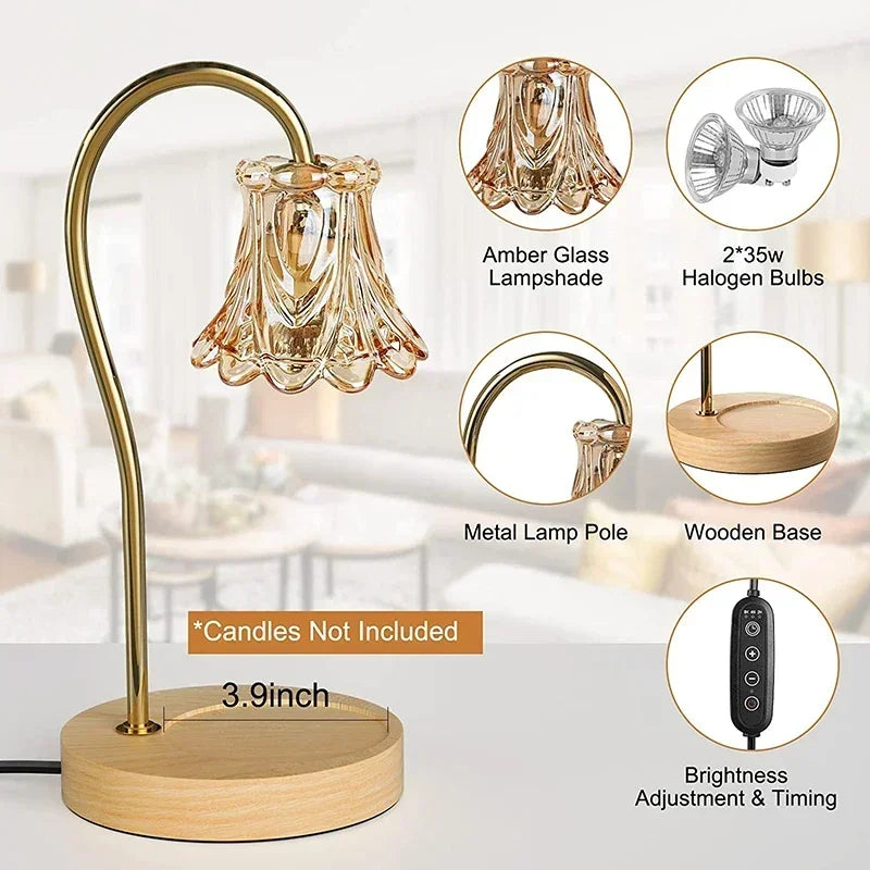 Choice of two different Candle Warmers with glass flower shade & wood base. Soft brightness to create ambiance in any room.