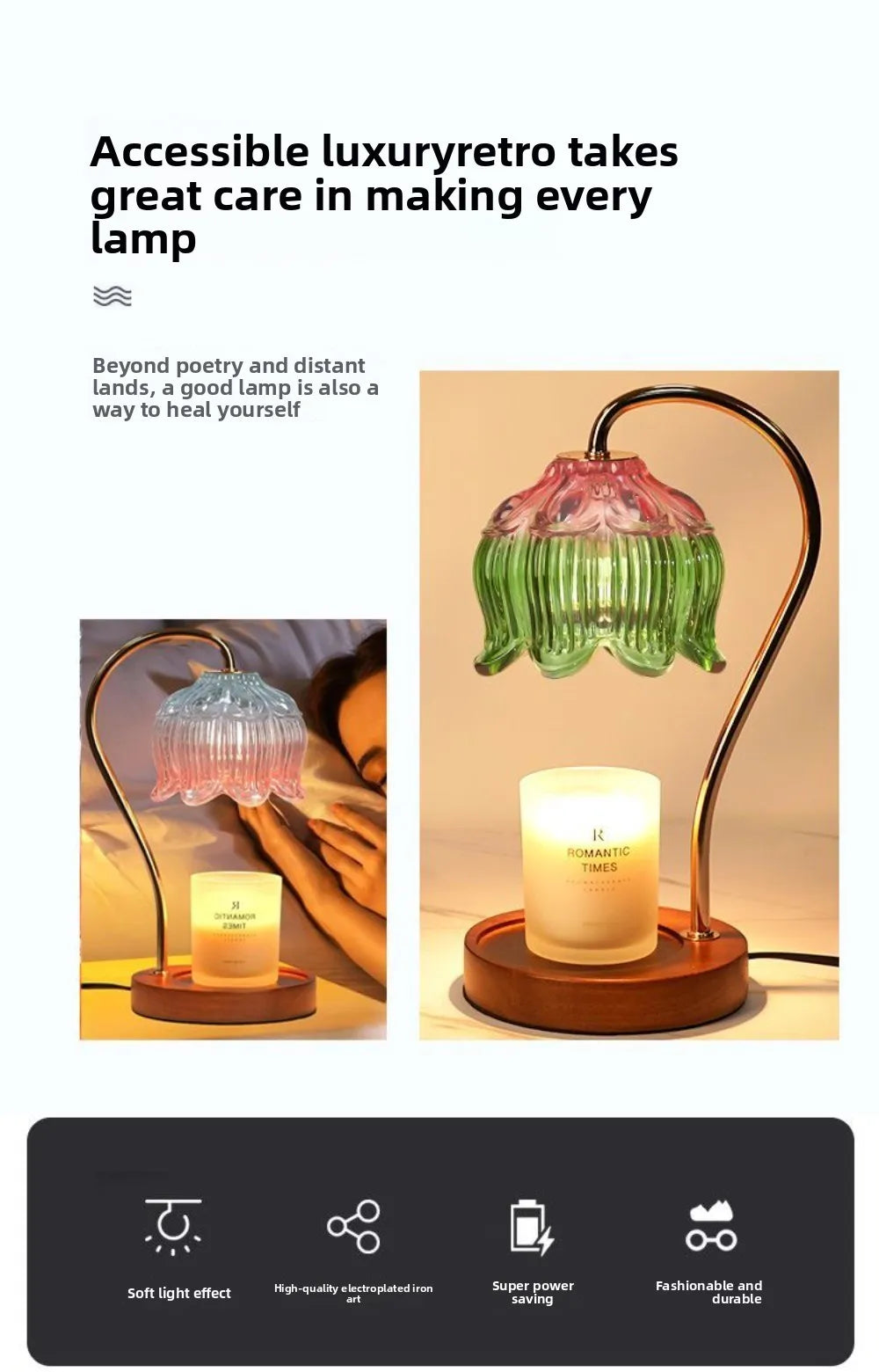 Decorative lamp with soft light effect on a wooden base, surrounded by text about accessibility and luxury.