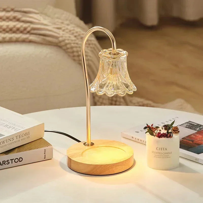 Choice of two different Candle Warmers with glass flower shade & wood base. Soft brightness to create ambiance in any room.