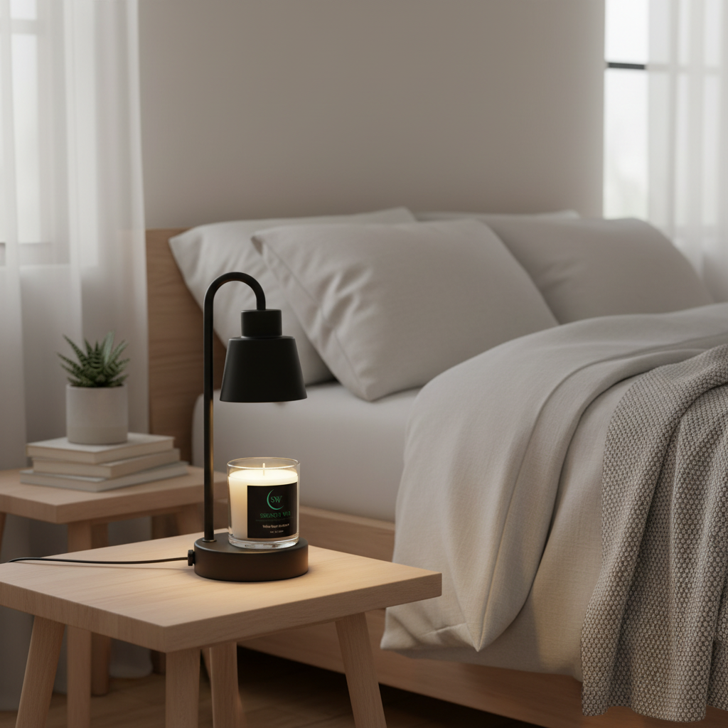 Black Bedside Lamp with White Sage Lavender - Elegant Wellness Setting